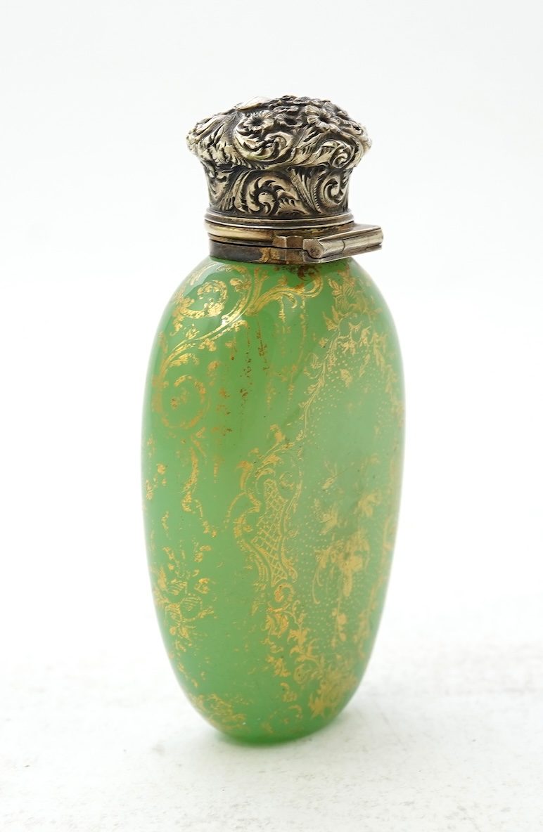 A late 19th century gilt white metal mounted green opaline glass scent flask, by Sampson Mordan & Co